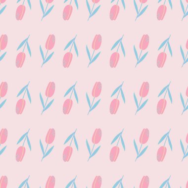 Küçük lale çiçeği siluetleri pürüzsüz desenli. Açık pembe arka planda basit bir karalama süsü. Duvar kağıdı, tekstil, ambalaj kağıdı, kumaş baskısı için mükemmel. Vektör illüstrasyonu.