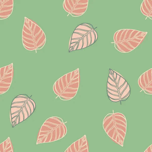 ウルチンの葉を持つシンプルなシームレスなランダムパターン ピンク色の色調は 緑の背景に植物の形を汚染した テキスタイル 包装紙 ファブリックプリント用に設計されています ベクターイラスト — ストックベクタ
