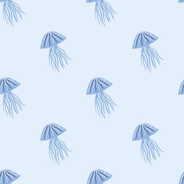 Mavi denizanası süsüsüyle basit, pürüzsüz bir desen. Pastel arka plan. Deniz egzotik arka planı. Duvar kağıdı, tekstil, ambalaj kağıdı ve kumaş baskısı için tasarlanmış. Vektör illüstrasyonu.