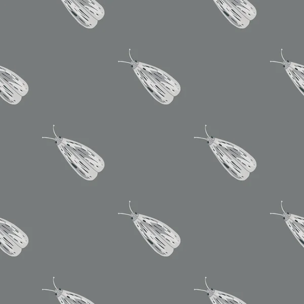 最小限の暗い夜蛾シームレスなドアパターン 灰色の背景に白いシンプルな虫のシルエットを手描き 生地のための装飾的な背景 ベクターイラスト — ストックベクタ