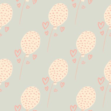 Pastel ışık, tatil balonlarıyla kusursuz bir desen çizer. Pembe süslemeli ve mavi arka planda kalpleri olan doğum günü kartı baskısı. Duvar kağıdı, tekstil, ambalaj kağıdı, kumaş baskısı için mükemmel..