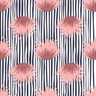 Pembe çalılar, basit siluetler, pürüzsüz desenler. Tek renkli arka planda beyaz ve siyah çizgiler var. Çiçek izi. Duvar kağıdı, tekstil, ambalaj, kumaş baskısı için. Vektör illüstrasyonu.