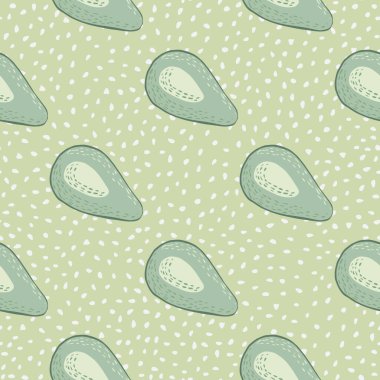 Avokado meyve siluetleriyle kusursuz soluk desenli. Noktalı arkaplanda çapraz ham süs. Yemek arkaplanı yeşil tonlarda. Duvar kağıdı, tekstil, ambalaj, kumaş baskısı için. Vektör illüstrasyonu.