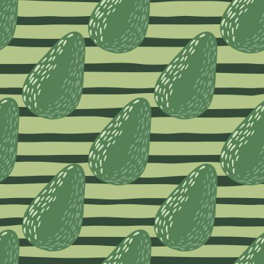 Avokado siluetleri olan açık yeşil, pürüzsüz bir desen. Soyunmuş arka plan. Sağlıklı kahvaltı meyveleri. Duvar kağıdı, tekstil, ambalaj kağıdı ve kumaş baskısı için tasarlanmış. Vektör illüstrasyonu.