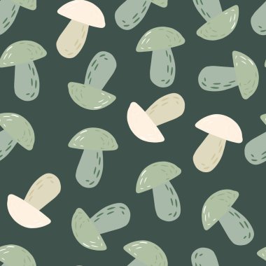 Açık yeşil mantar süsüsüyle biçimlendirilmiş sonbahar desenleri. Basit bir vahşi yaşam ortamı. Duvar kağıdı, tekstil, ambalaj kağıdı, kumaş baskısı için dekoratif zemin. Vektör illüstrasyonu.