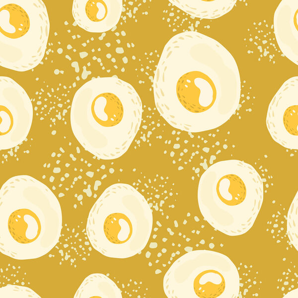 Seamless breakfast pattern with eggs meal silhouettes. Omelette ornament on ocher background with splashes. Great for wallpaper, textile, wrapping paper, fabric print. Vector illustration.