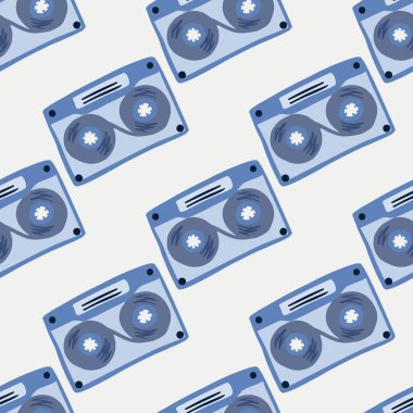 Kasetlerle izole edilmiş basit bir müzik kalıbı. Beyaz arka planda mavi köşeli süs. Duvar kağıdı, tekstil, ambalaj kağıdı, kumaş baskısı için harika. Vektör illüstrasyonu.