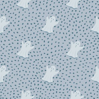 Lisht pastel mavi hayaletler kusursuz desenler basar. Mavi noktalı arka planı olan korkunç Cadılar Bayramı baskısı. Duvar kağıdı, tekstil, ambalaj kağıdı ve kumaş baskısı için tasarlanmış. Vektör illüstrasyonu.