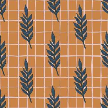 Lacivert dallar, süslemesiz karalama desenleri bırakır. Turuncu arkaplan ve çek. Duvar kağıdı, tekstil, ambalaj kağıdı, kumaş baskısı için dekoratif baskı. Vektör illüstrasyonu.