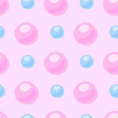 İnci şekilli biçimlendirilmiş dikişsiz su deseni. Açık sarı arkaplanda pembe ve mavi renkli daireler. Duvar kağıdı, tekstil, ambalaj kağıdı, kumaş baskısı için mükemmel. Vektör illüstrasyonu.