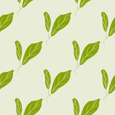 Yeşil yapraklar köşegen süslemeler, kusursuz desenler. Hafif arkaplan. Botanik basit el çizimi baskısı. Duvar kağıdı, tekstil, ambalaj kağıdı, kumaş baskısı için mükemmel. Vektör illüstrasyonu.