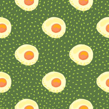 Sabah kahvaltısı omlet süsüsüyle kusursuz desenli. Yeşil noktalı arka plan. Yumurta sağlıklı yemek arkaplanı. Duvar kağıdı, tekstil, ambalaj kağıdı, kumaş baskısı için harika. Vektör illüstrasyonu.
