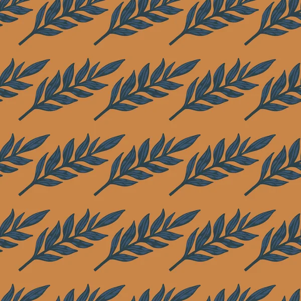 ネイビーブルーの葉の枝シルエットシームレスパターン ダークオレンジの背景 自然を背景に 包装紙 生地の印刷のための装飾的な印刷 ベクターイラスト — ストックベクタ
