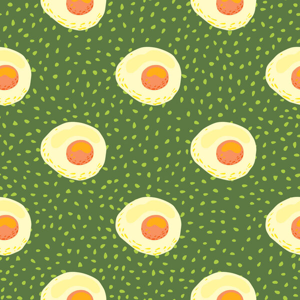 Bright morning breakfast seamless pattern with omelette ornament. Green dotted background. Egg healthy meal backdrop. Great for wallpaper, textile, wrapping paper, fabric print. Vector illustration.