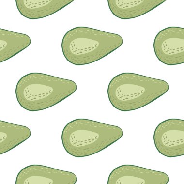 Karalama avokado süsüsüyle izole edilmiş karikatür deseni. Beyaz arka planda yeşil kahvaltı şekilleri. Duvar kağıdı, tekstil, ambalaj kağıdı, kumaş baskısı için mükemmel. Vektör illüstrasyonu.