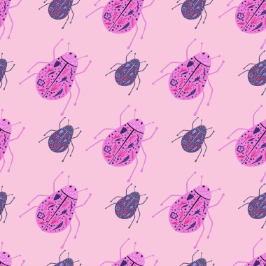 Pembe ve mor renkli böcekler pürüzsüz desen. Açık pembe arka planda Doodle Böcekleri halk baskısı. Egzotik arka plan. Duvar kağıdı, tekstil, ambalaj kağıdı, kumaş baskısı için mükemmel. Vektör illüstrasyonu.