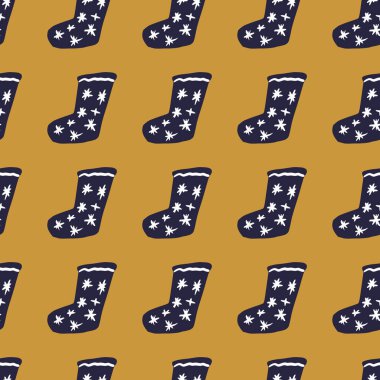 Lacivert xmsx çoraplar dikişsiz karalama desenli. Ocher 'ın geçmişi. Yıldız süslemeli kışlık kıyafetler. Duvar kağıdı, tekstil, ambalaj kağıdı, kumaş baskısı için harika. Vektör illüstrasyonu.
