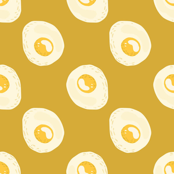 Simple seamless food pattern with breafast omelette silhouettes. Hand drawn meals with eggs on ocher background. Great for wallpaper, textile, wrapping paper, fabric print. Vector illustration.
