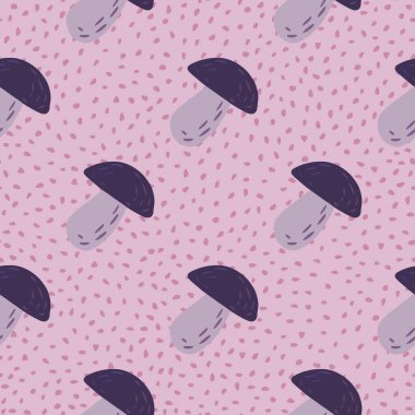 Çapraz konumlanmış süslemeli mantar elementleri çizilmiş kusursuz desen. Leylak noktalı arka planda basit yemek elementleri. Duvar kağıdı, tekstil, ambalaj kağıdı, kumaş baskısı için. Vektör illüstrasyonu