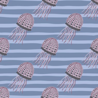 Açık mor denizanası desenli. Sökülmüş mavi arkaplanlı sualtı izi. Duvar kağıdı, tekstil, ambalaj kağıdı, kumaş baskısı için mükemmel. Vektör illüstrasyonu.