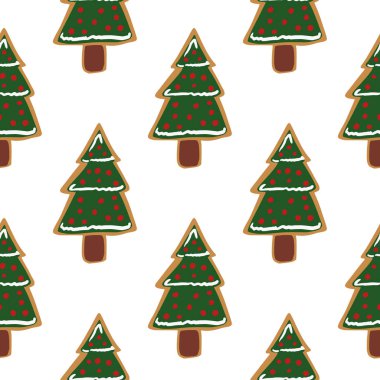 Yeşil dekoratif Noel ağacı kurabiyeleriyle kusursuz tatil deseni. Kış, beyaz arkaplanlı lezzetli bir parmak izi izine rastladı. Duvar kağıdı, tekstil, ambalaj kağıdı, kumaş baskısı için. Vektör illüstrasyonu