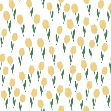 Küçük lale çiçekleri rastgele izole edilmiş, pürüzsüz desenler. Beyaz arka planda yeşil saplı turuncu tomurcuklar. Duvar kağıdı, tekstil, ambalaj kağıdı, kumaş baskısı için mükemmel. Vektör illüstrasyonu.