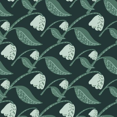 İskandinav çiçek siluetleriyle kusursuz desen. Koyu arkaplanda çiçek yeşili ve açık renkli elementler var. Kumaş tasarımı, tekstil baskısı, ambalaj ve kapak için tasarlandı. Vektör illüstrasyonu.