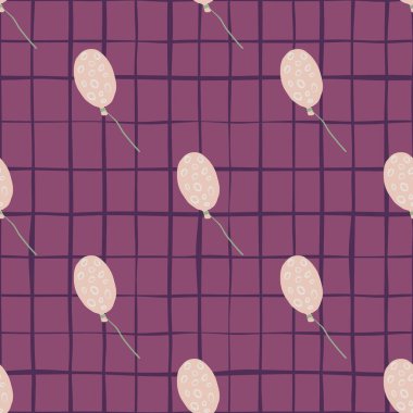 Açık pembe balonlar pürüzsüz desen. Mor kareli arka planda yüzük süsü olan stilize tatil baskısı. Duvar kağıdı, tekstil, ambalaj kağıdı, kumaş baskısı için mükemmel. Vektör illüstrasyonu.