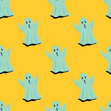 Açık mavi hayaletler kusursuz karalama desenleri. Sarı arka planda ürkütücü cadılar bayramı süsü. Parlak tasarım. Duvar kağıdı, tekstil, ambalaj kağıdı ve kumaş baskısı için tasarlanmış. Vektör illüstrasyonu.