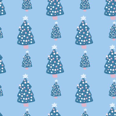 Kusursuz karalama, ağaç siluetleriyle biçimlendirilmiş tatil deseni. Mavi palet renginde yılbaşı ormanı süsü. Kumaş tasarımı, tekstil baskısı, ambalaj ve kapak için mükemmel. Vektör illüstrasyonu.