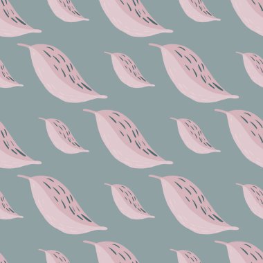 Yaprak şekilli, solgun, biçimsiz bir desen. Mavi arka planda pembe renkli soyut botanik figürler. Duvar kağıdı, tekstil, ambalaj kağıdı ve kumaş baskısı için tasarlanmış. Vektör illüstrasyonu.