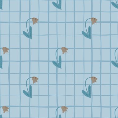 Bej tomurcuklar, çiçekler, pürüzsüz campanula desenleri. Mavi arka plan, tamam. Bahar doğası süsü. Kumaş tasarımı, tekstil baskısı, ambalaj, kapak için harika. Vektör illüstrasyonu.