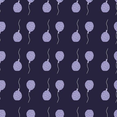 Açık mor balonlar şekilsiz karalama desenleri. Koyu lacivert arka plan. Basit stilize doğum günü baskısı. Duvar kağıdı, tekstil, ambalaj kağıdı ve kumaş baskısı için tasarlanmış. Vektör illüstrasyonu.