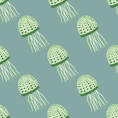 Denizanası karalama siluetleri pürüzsüz desen. Yeşil egzotik hayvan süsü ve soluk pastel mavi arka planlı stilize su deniz izi. Duvar kağıdı, tekstil, ambalaj kağıdı, kumaş baskısı için..