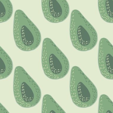 Avokado siluetleri olan basit, soluk, pürüzsüz bir baba. Açık gri arkaplanda yeşil renkli meyveler. Duvar kağıdı, tekstil, ambalaj kağıdı, kumaş baskısı için mükemmel. Vektör illüstrasyonu.