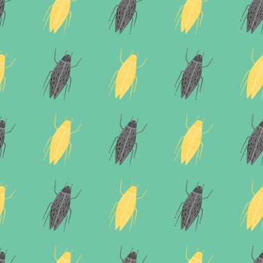 Gri ve sarı çizgili böcekler pürüzsüz desenli süsleme yapıyorlar. Hafif turkuaz arka plan. Doğa baskısı. Duvar kağıdı, tekstil, ambalaj kağıdı, kumaş baskısı için mükemmel. Vektör illüstrasyonu.