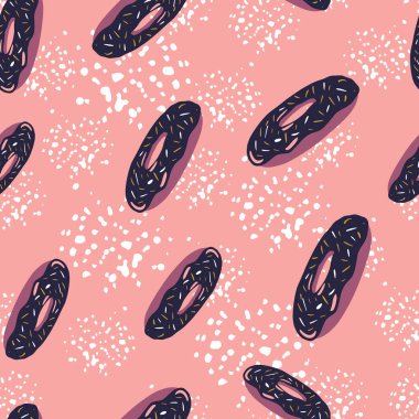 Şekillendirilmiş donut elementleriyle kusursuz rastgele desenler. Pembe arka planda lacivert ve mor renkli gıda süslemeleri. Kumaş tasarımı, tekstil ve ambalaj için. Vektör illüstrasyonu.
