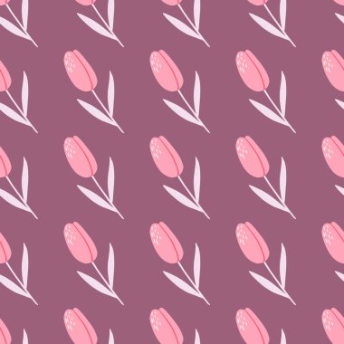 Biçimlendirilmiş botanik dikişsiz çiçek deseni. Mor ışıklı arka planda lale pembe siluetleri. Duvar kağıdı, tekstil, ambalaj kağıdı, kumaş baskısı için mükemmel. Vektör illüstrasyonu.