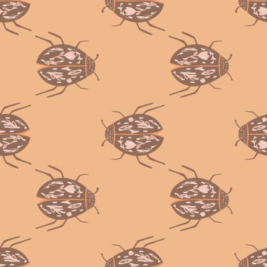 Kahverengi Böcek Böcekleri pürüzsüz desenli. Bej arka planda karalama hayvan izi. Egzotik botanik deseni. Duvar kağıdı, tekstil, ambalaj kağıdı, kumaş baskısı için mükemmel. Vektör illüstrasyonu.