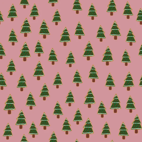 Mały Zielony Sylwetki Nowego Roku Drzewa Cookie Bezproblemowy Wzór Różowe — Wektor stockowy