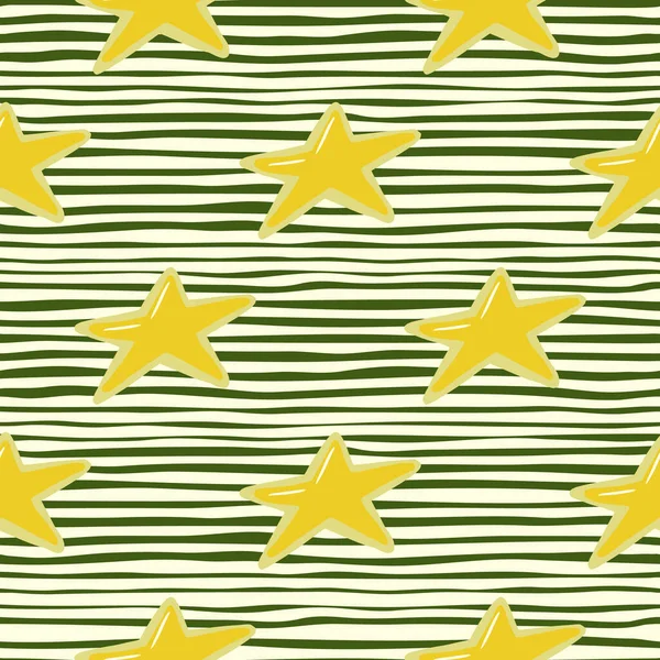 Yellow star new year cookies seamless doodle pattern. Stylized tasty print on stripped background. Xmas backdrop. Designed for wallpaper, textile, wrapping paper, fabric print. Vector illustration.