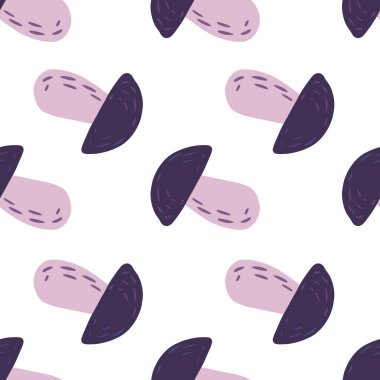 İzole edilmiş, minimalist, pürüzsüz, mor mantar şekilli orman deseni. Beyaz arka plan. Doğa baskısı. Duvar kağıdı, tekstil, ambalaj kağıdı, kumaş baskısı için dekoratif zemin. Vektör illüstrasyonu