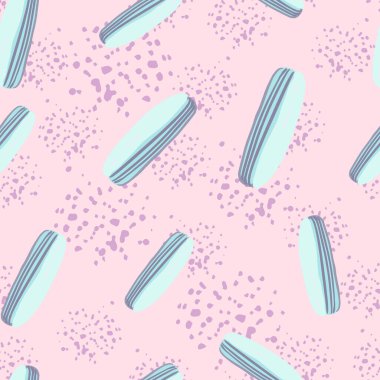 Ekkin karalama elementleriyle kusursuz rastgele desen. Pembe arka planda mavi ışık tatlı süs unlu. Kumaş tasarımı için dekoratif zemin, tekstil baskısı, ambalaj, kapak. Vektör illüstrasyonu