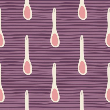 Elle çizilmiş kaşık elementleriyle kusursuz pişirme kalıbı. Mor çizgili arka planda beyaz ve pembe renkli mutfak aletleri. Duvar kağıdı, tekstil, ambalaj, kumaş için tasarlandı. Vektör illüstrasyonu