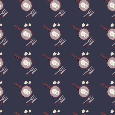 Kahvaltı süsüsüyle hazırlanmış el yapımı brunch desenleri. Omletli tavalar, lacivert arka planda dostlar ve bıçaklar. Duvar kağıdı, tekstil, ambalaj, kumaş için. Vektör illüstrasyonu.