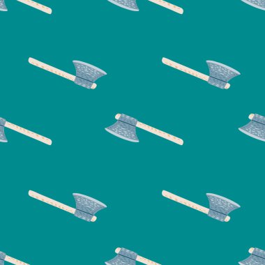 Basit savaşçı baltası siluetleri kusursuz şekillendirilmiş desen. Turkuaz arka planı olan minimalist bir fon. Kumaş tasarımı için dekoratif baskı, tekstil baskısı, ambalaj, kapak. Vektör illüstrasyonu.