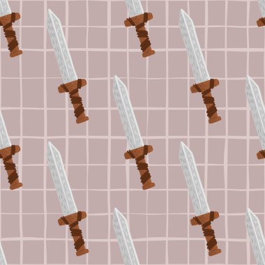 Gri renkli kılıç siluetleri kusursuz şekilli. Soluk pembe ekose süslemeli tarihi süs. Kumaş tasarımı, tekstil baskısı, ambalaj ve kapak için mükemmel. Vektör illüstrasyonu.