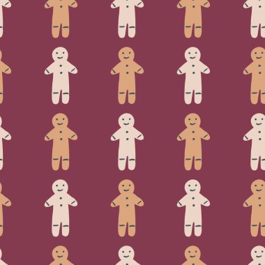 Açık ve bej renkli zencefilli kurabiye adam kurabiye siluetleri pürüzsüz desen. Kestane rengi arka plan. Kış aromalı baskı. Duvar kağıdı, tekstil, ambalaj kağıdı ve kumaş baskısı için tasarlanmış. Vektör illüstrasyonu.