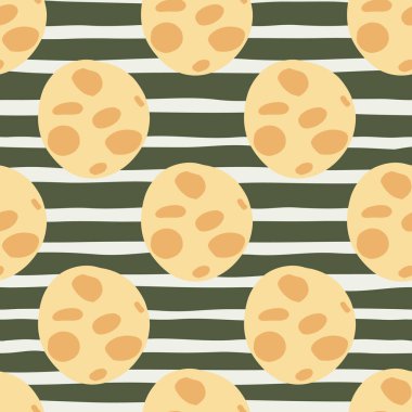 Açık turuncu çikolatalı kurabiyeler dikişsiz karalama desenleri. Koyu gri çizgili arka plan. Kış lezzetleri arka planda. Duvar kağıdı, tekstil, ambalaj kağıdı ve kumaş baskısı için tasarlanmış. Vektör illüstrasyonu.