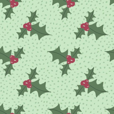 Yeşil ökse otu şekilli pürüzsüz soluk desenli. Noktalı arka planda noel dalları. Şenlikli yeni yıl baskısı. Duvar kağıdı, tekstil, ambalaj kağıdı, kumaş baskısı için mükemmel. Vektör illüstrasyonu.